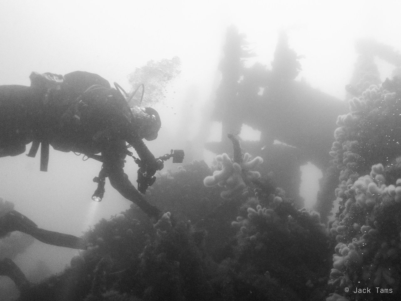 A diver over the wreck's structure, in black and white.