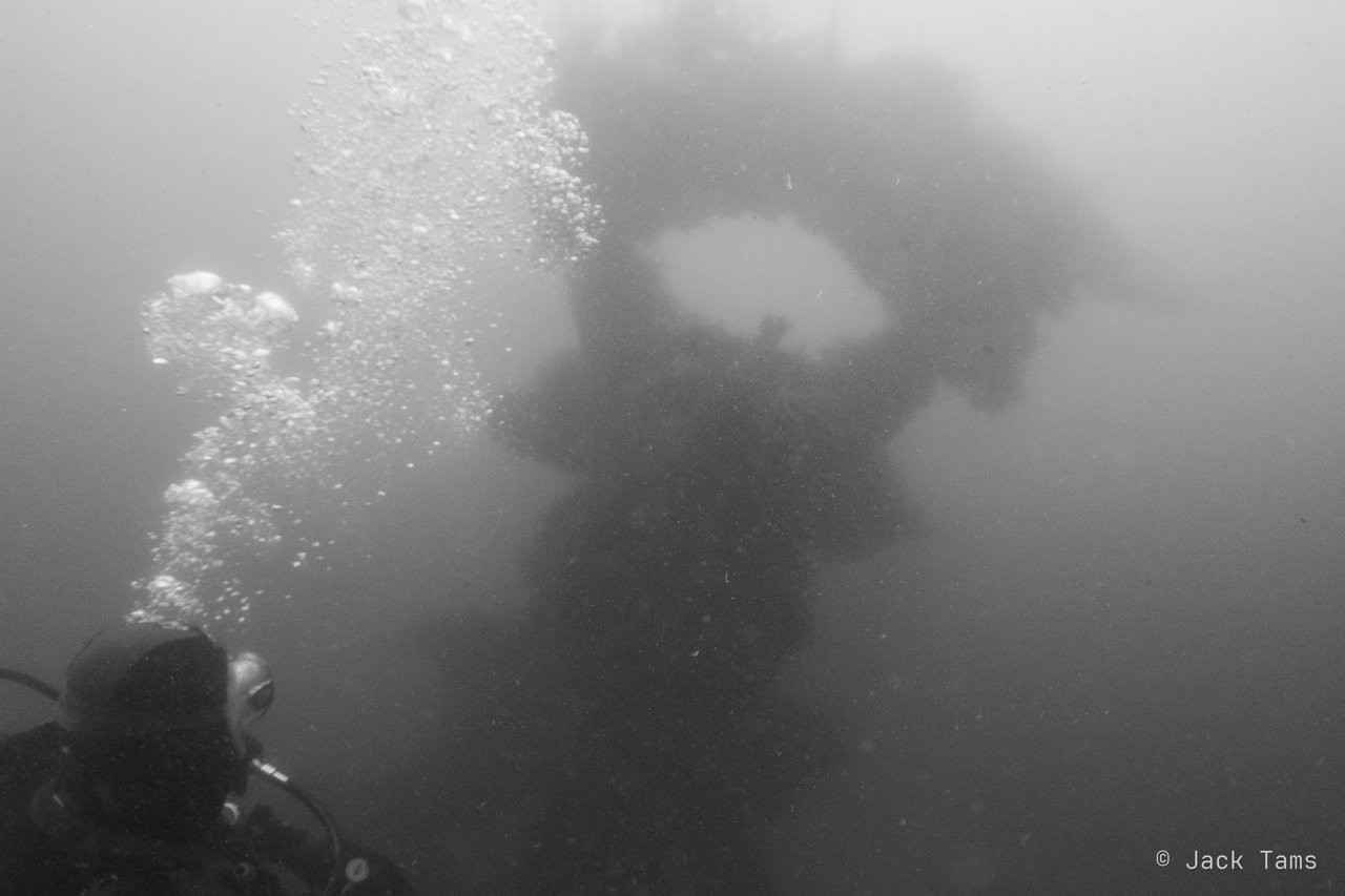 A diver's bubbles rising past the wreck.