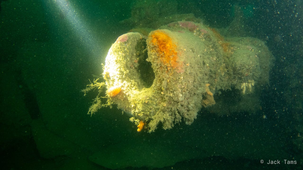 A diver's torch picking out a fitting on one of the German wrecks.