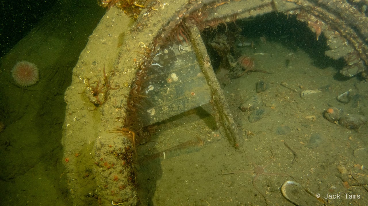 Twisted wreckage on the silty bottom.