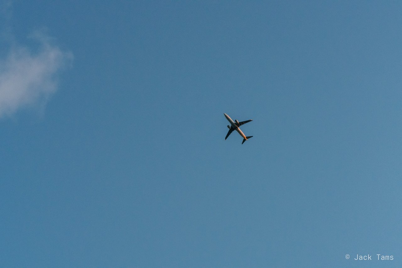 A plane overhead on its way in.