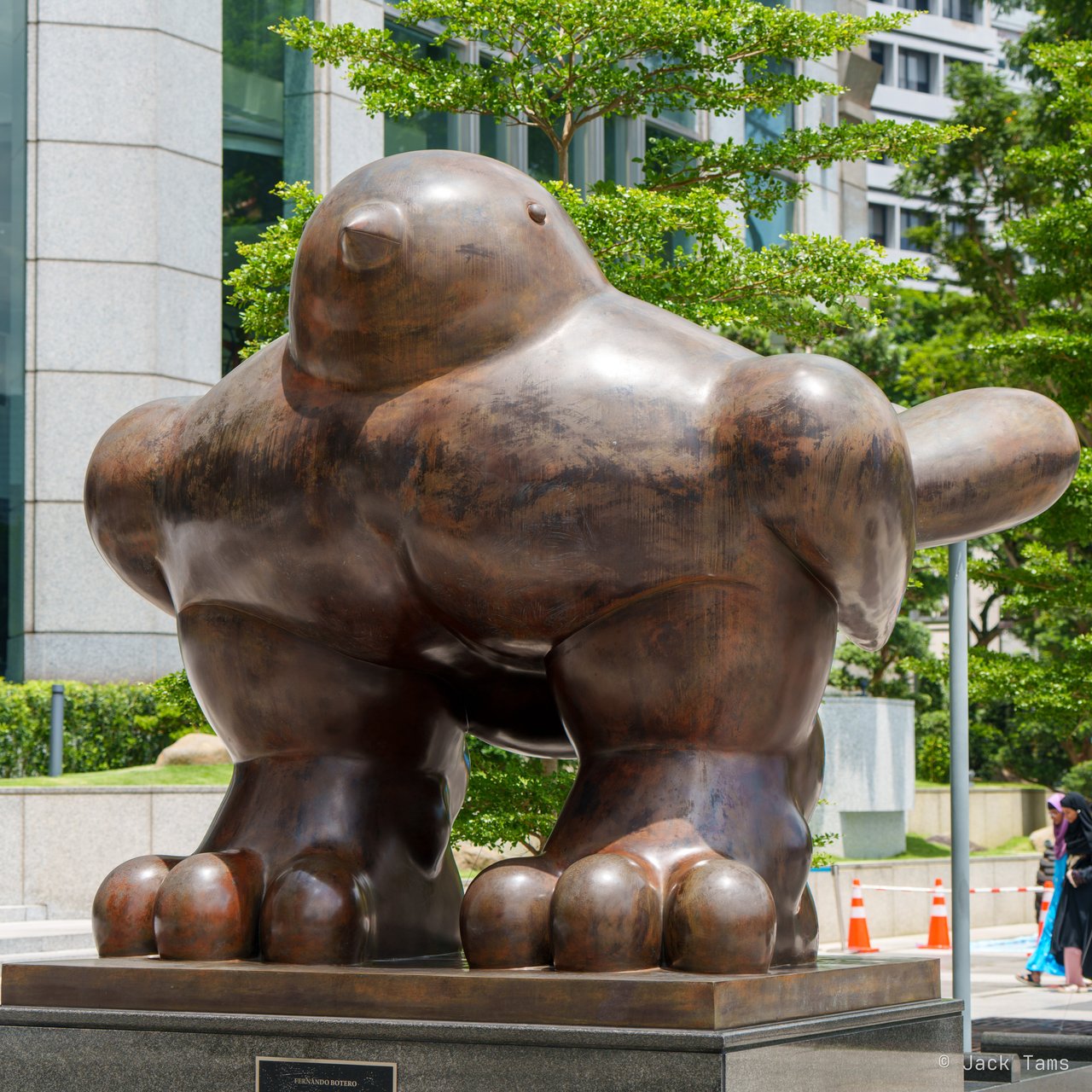 Fernando Botero's bird sculpture by the river.