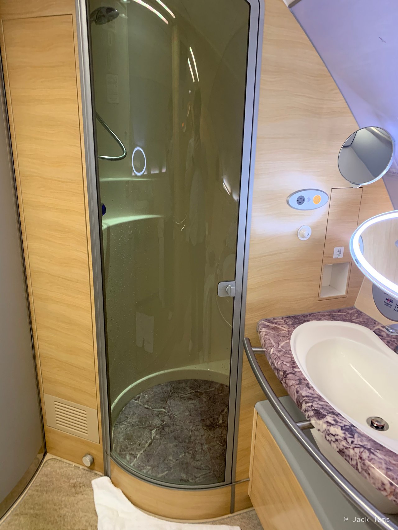 The shower in First's shower spa.