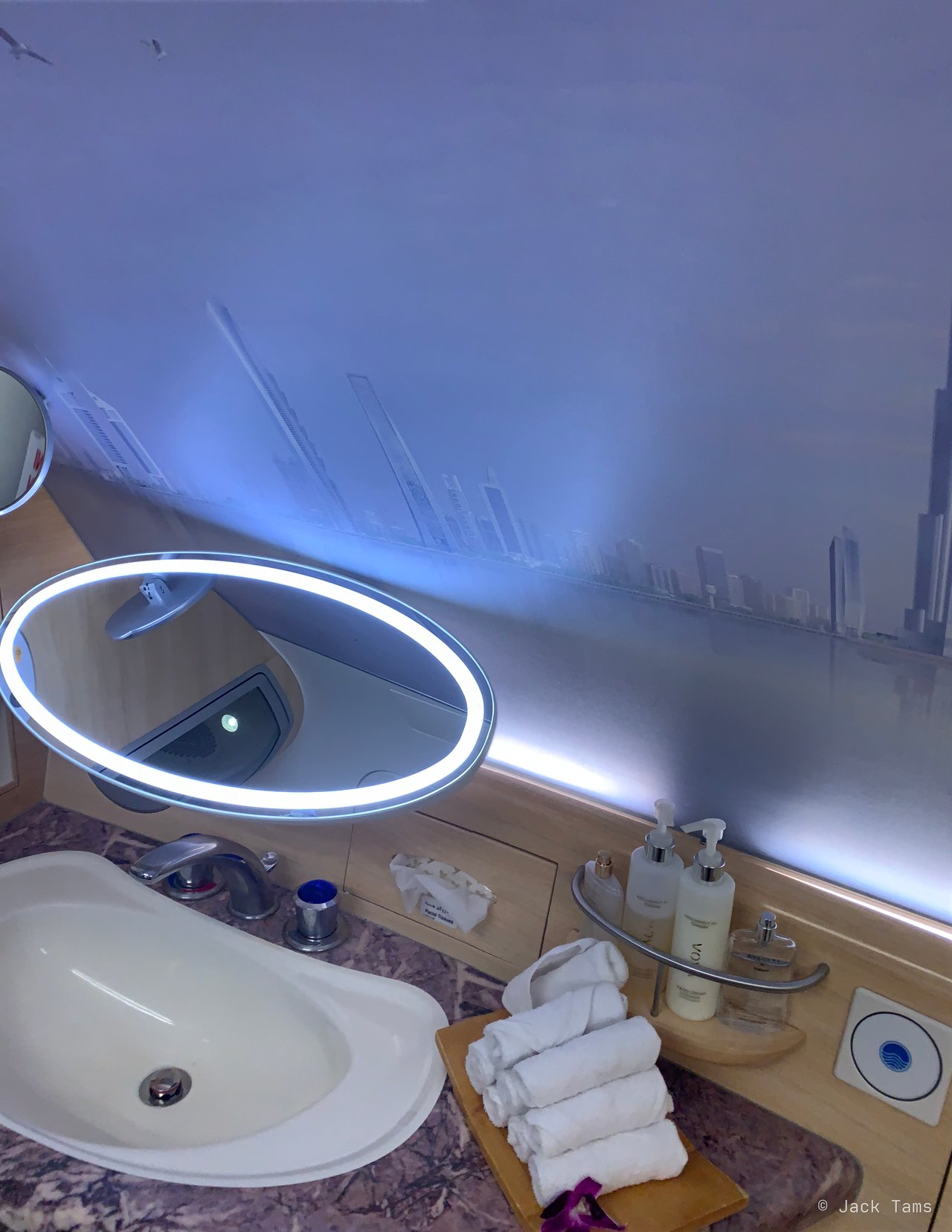 The shower spa's vanity and towels.