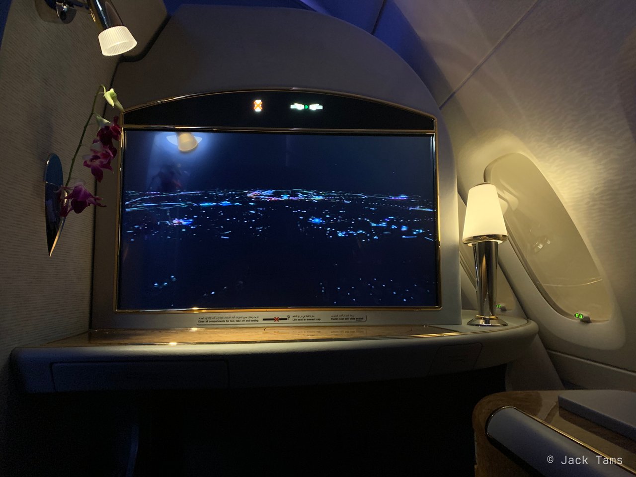 The suite with the lights down, Dubai on the tail camera.