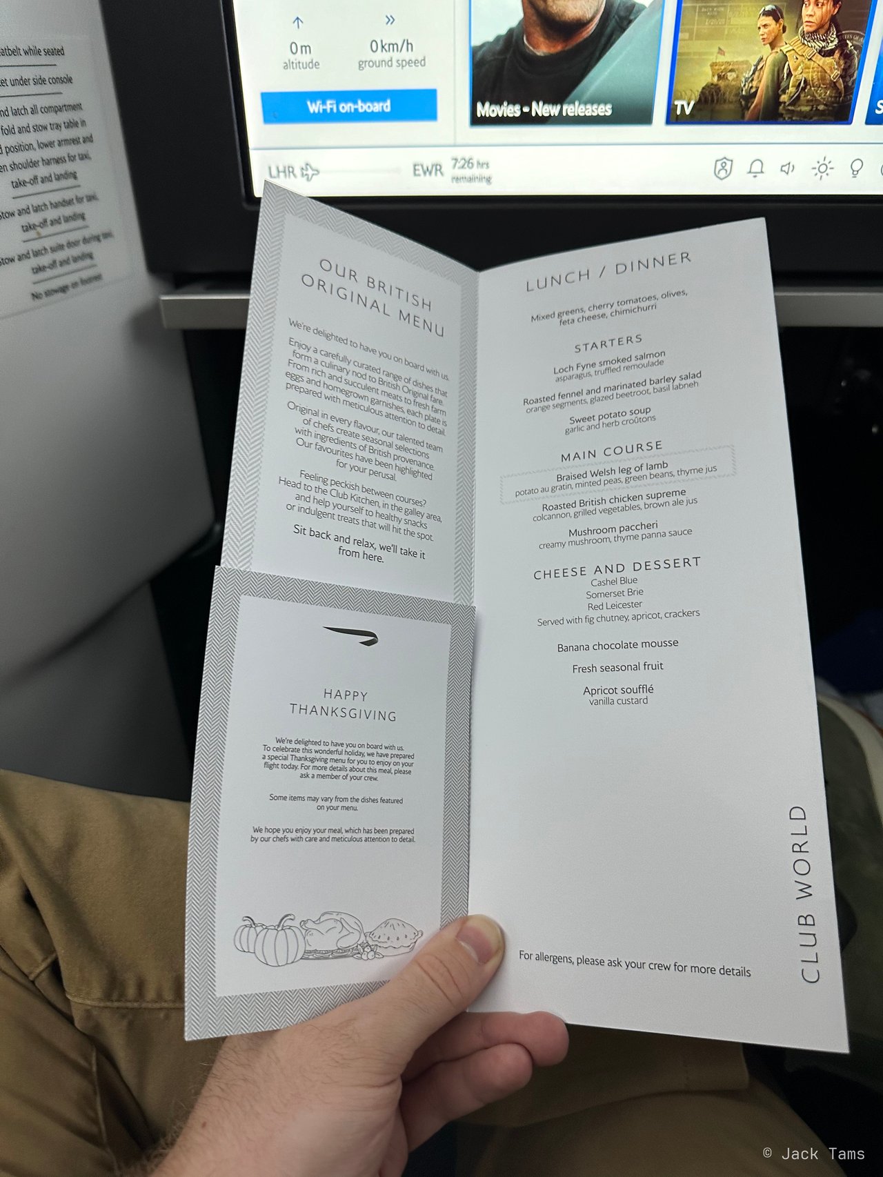 The Club World menu, with a Happy Thanksgiving card: it was 23 November.