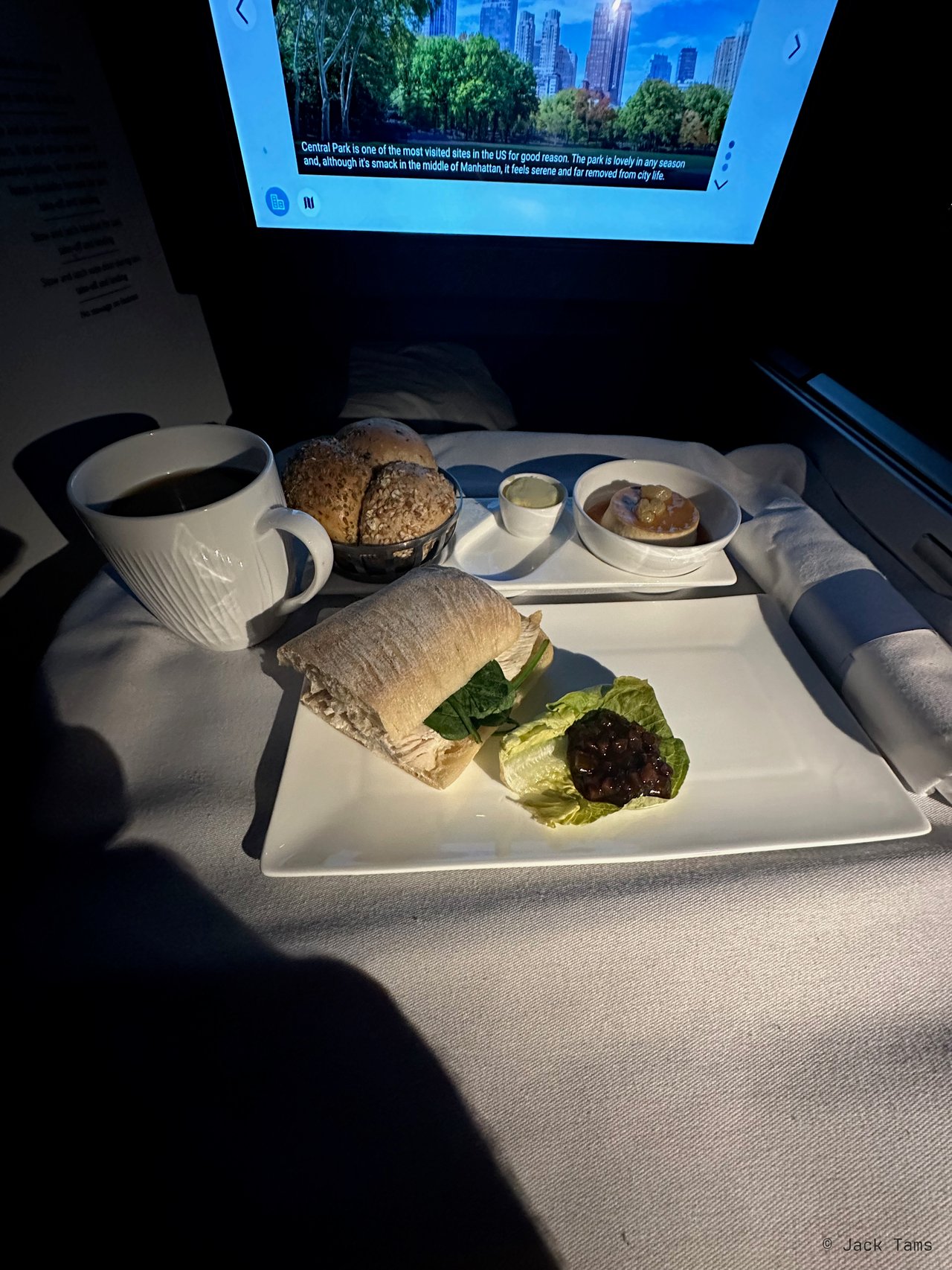 The light meal before landing: roasted chicken with honey mustard on ciabatta, and a coffee, photographed in the dark. Trust me, it's a sandwich.