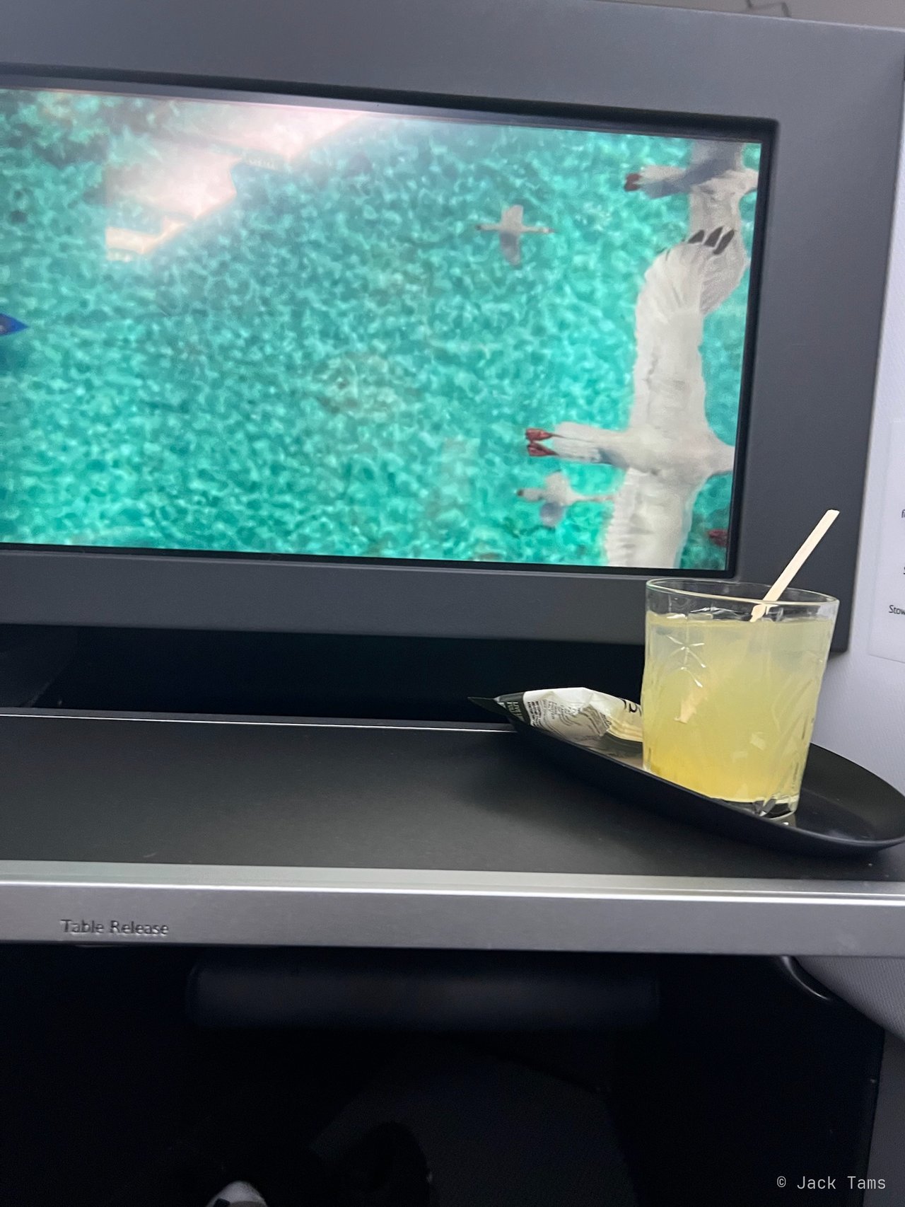A drink in front of the seat-back screen.