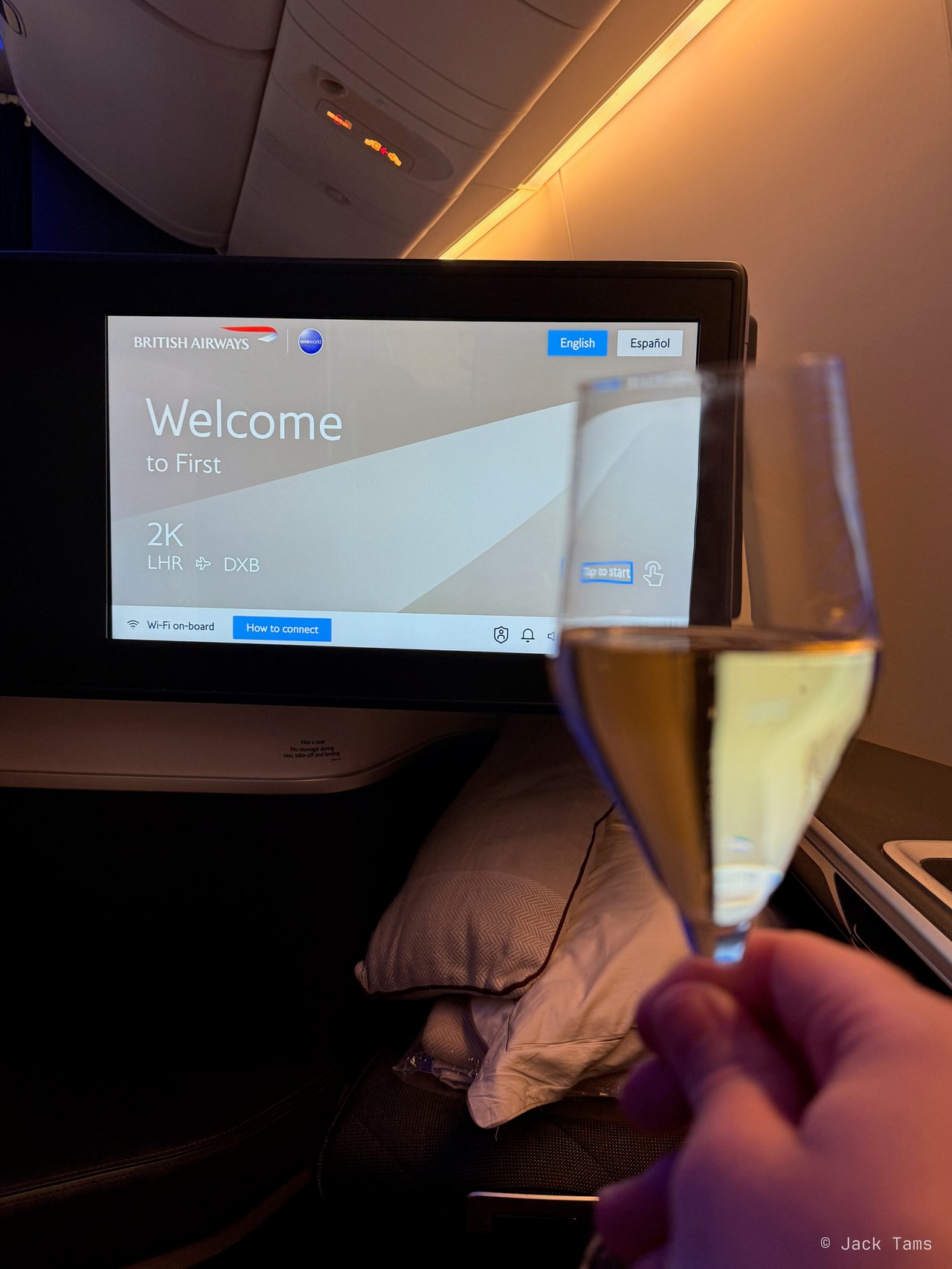 Seat 2K and a glass of Champagne before pushback.