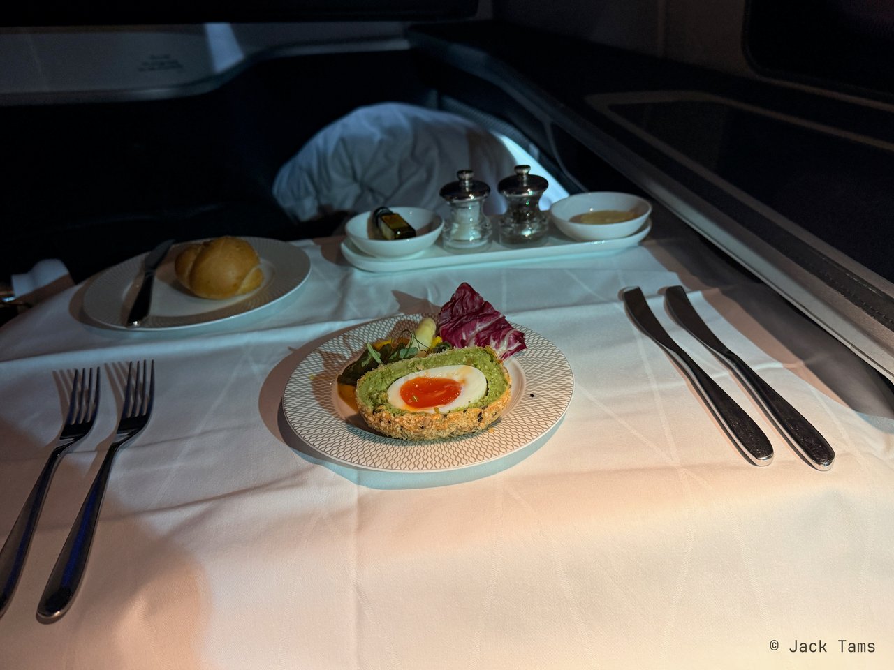 Seed-crusted pea and broad bean Scotch egg, piccalilli.
