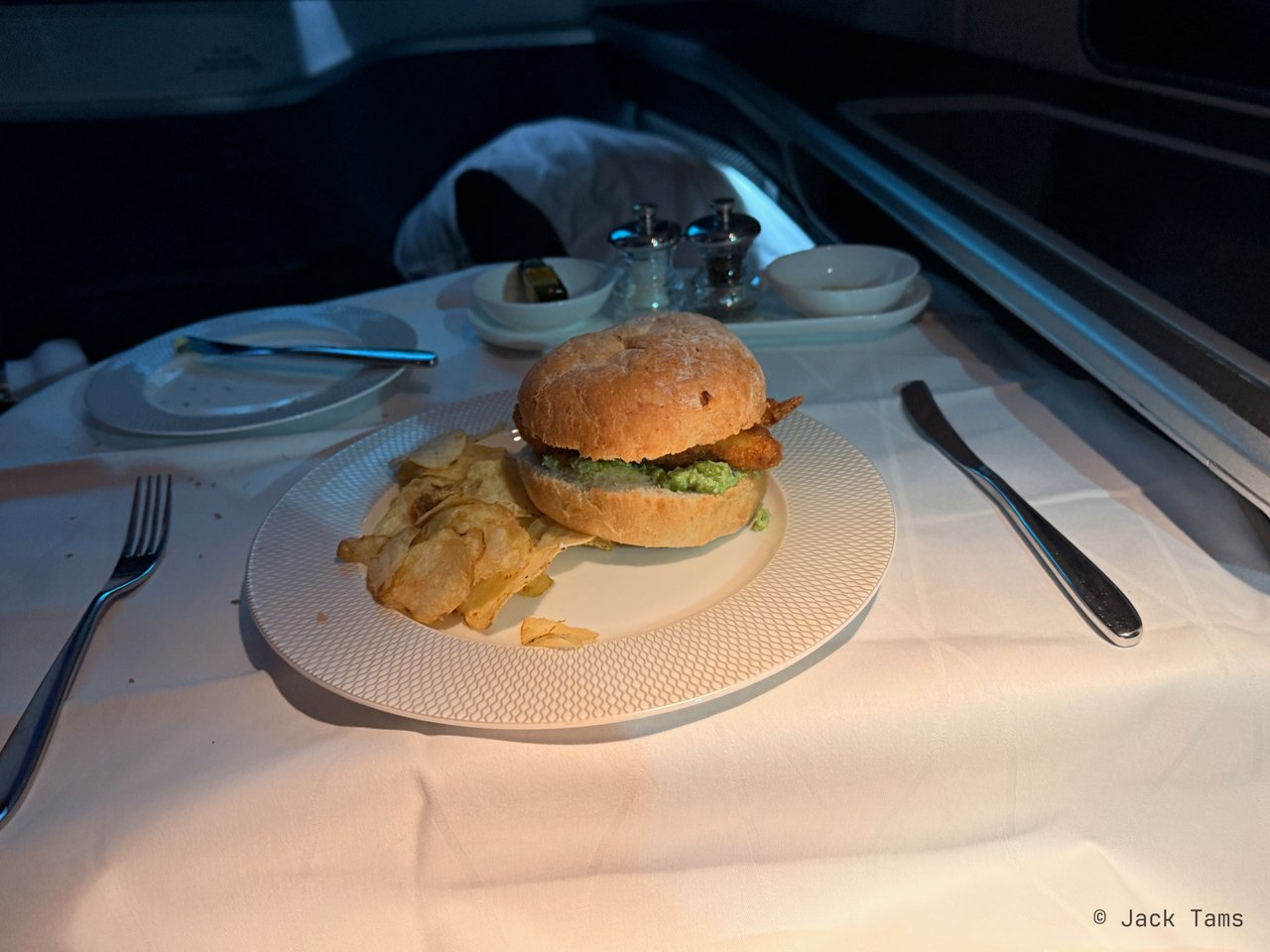 Fish finger butty: North Atlantic cod and tartare sauce in a potato bun, with salt and vinegar crisps.