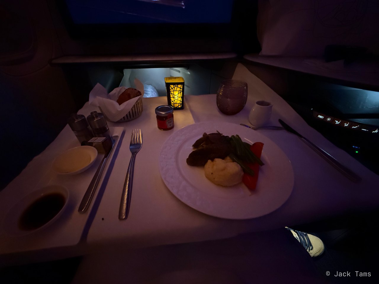 Braised lamb shank with corn mousseline, the main I'd pre-ordered, in the dark after leaving Doha.
