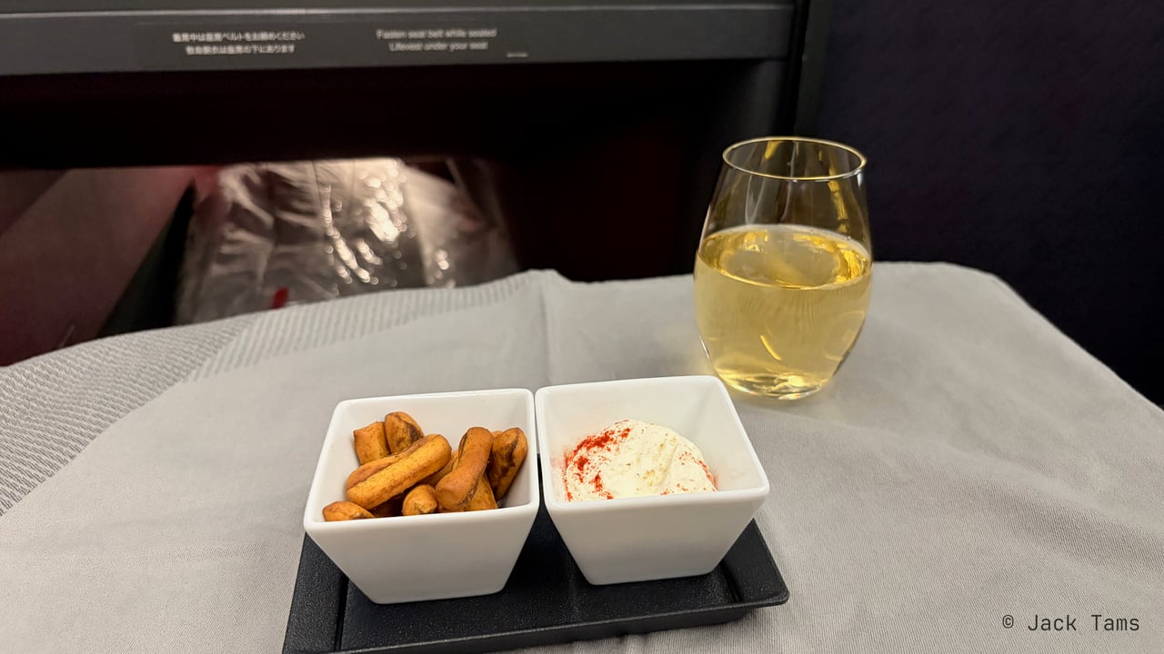 White Wine and what I seem to remember was a Horseradish Creamcheese combo.