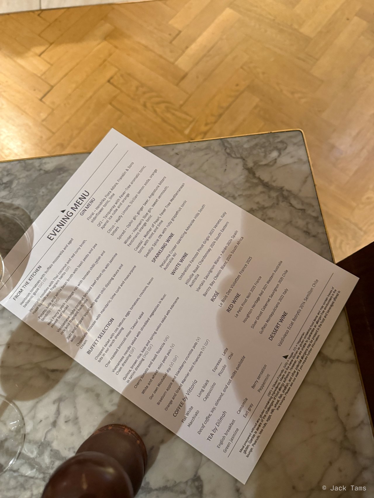 The lounge's evening menu.