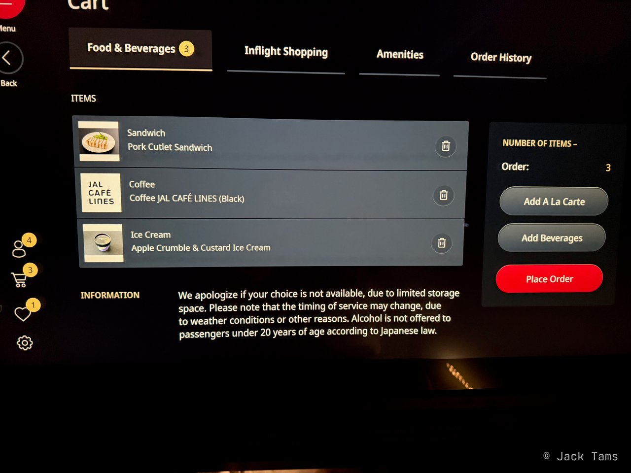 Ordering on the screen: pork cutlet sandwich, coffee and ice cream.