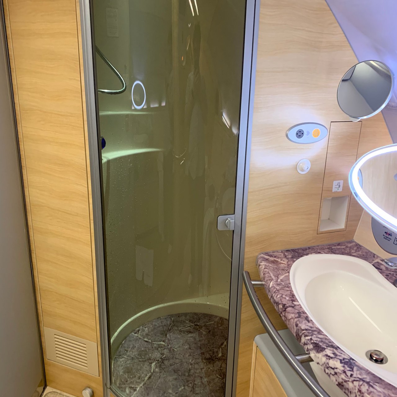 The shower in First's shower spa.