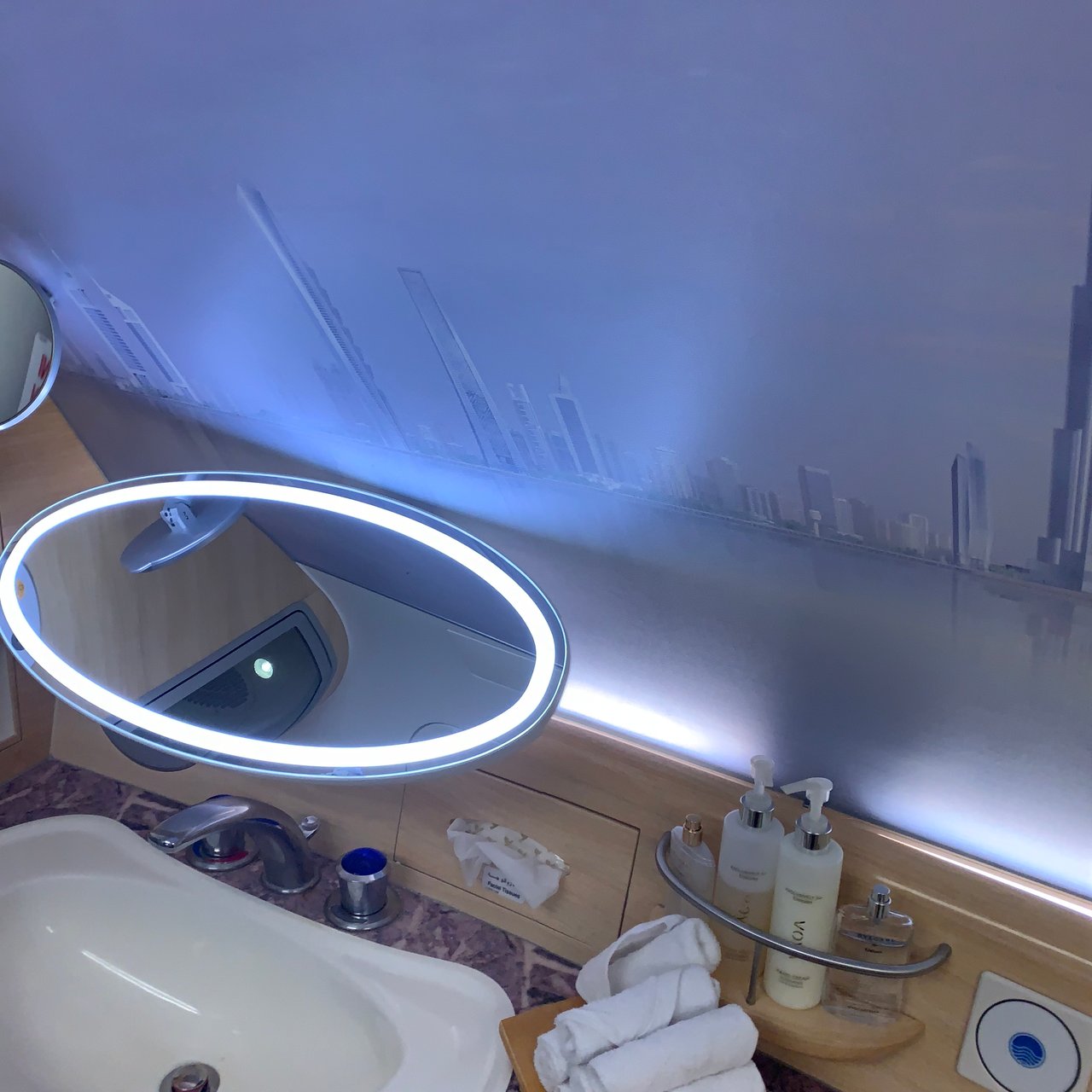 The shower spa's vanity and towels.