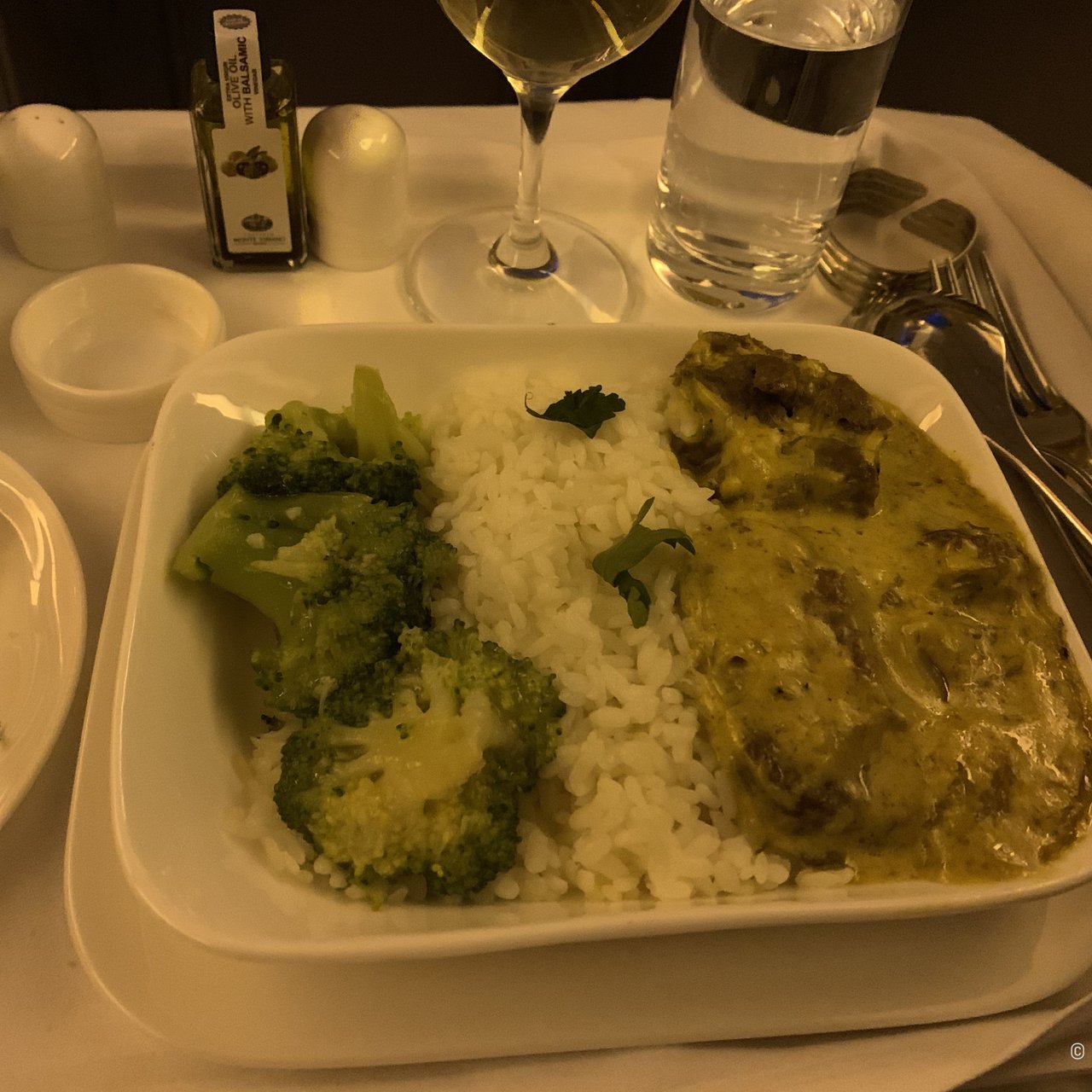 The main, a curry with rice and broccoli.