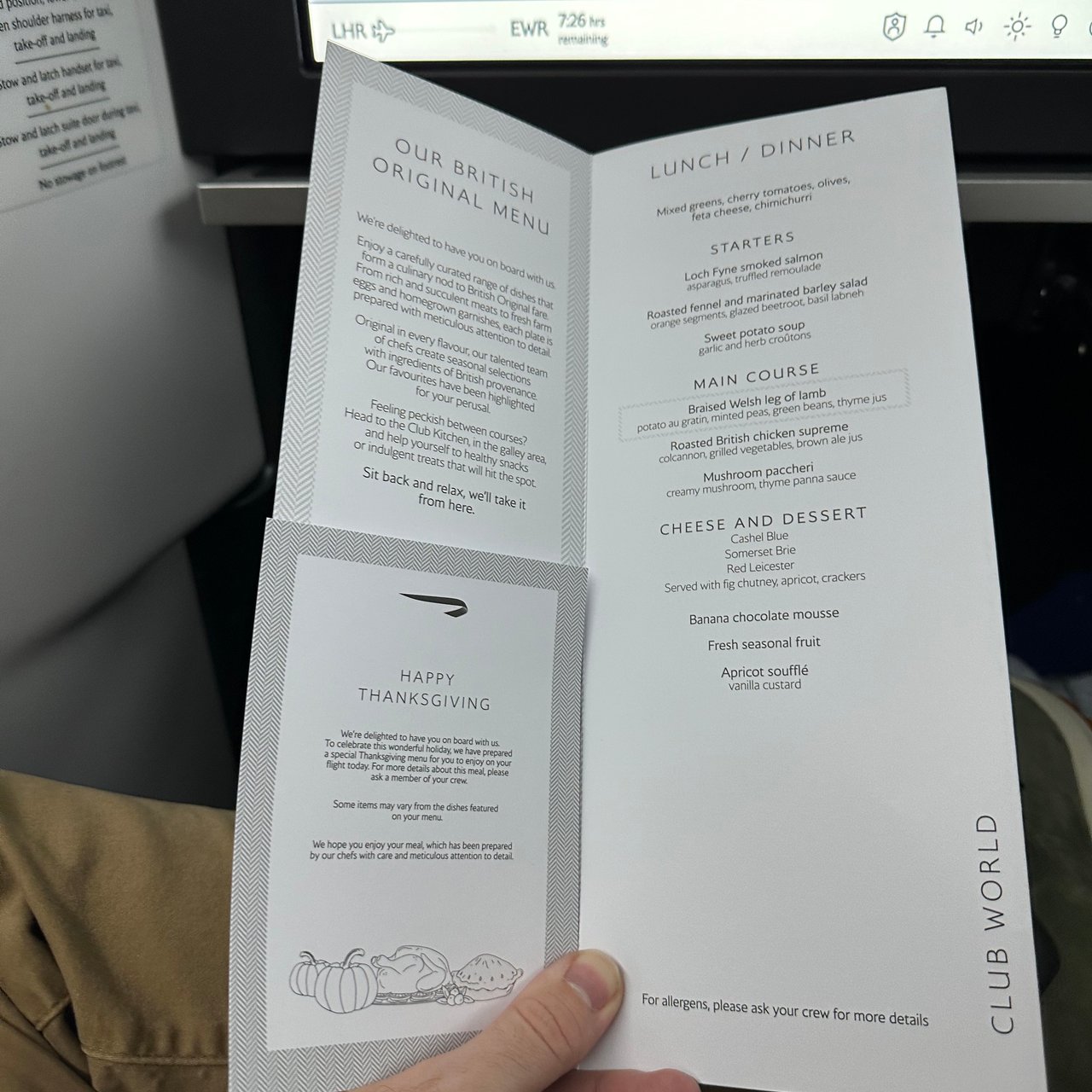 The Club World menu, with a Happy Thanksgiving card: it was 23 November.