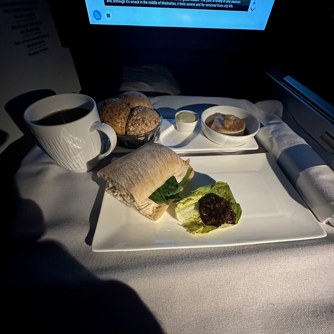 The light meal before landing: roasted chicken with honey mustard on ciabatta, and a coffee, photographed in the dark. Trust me, it's a sandwich.