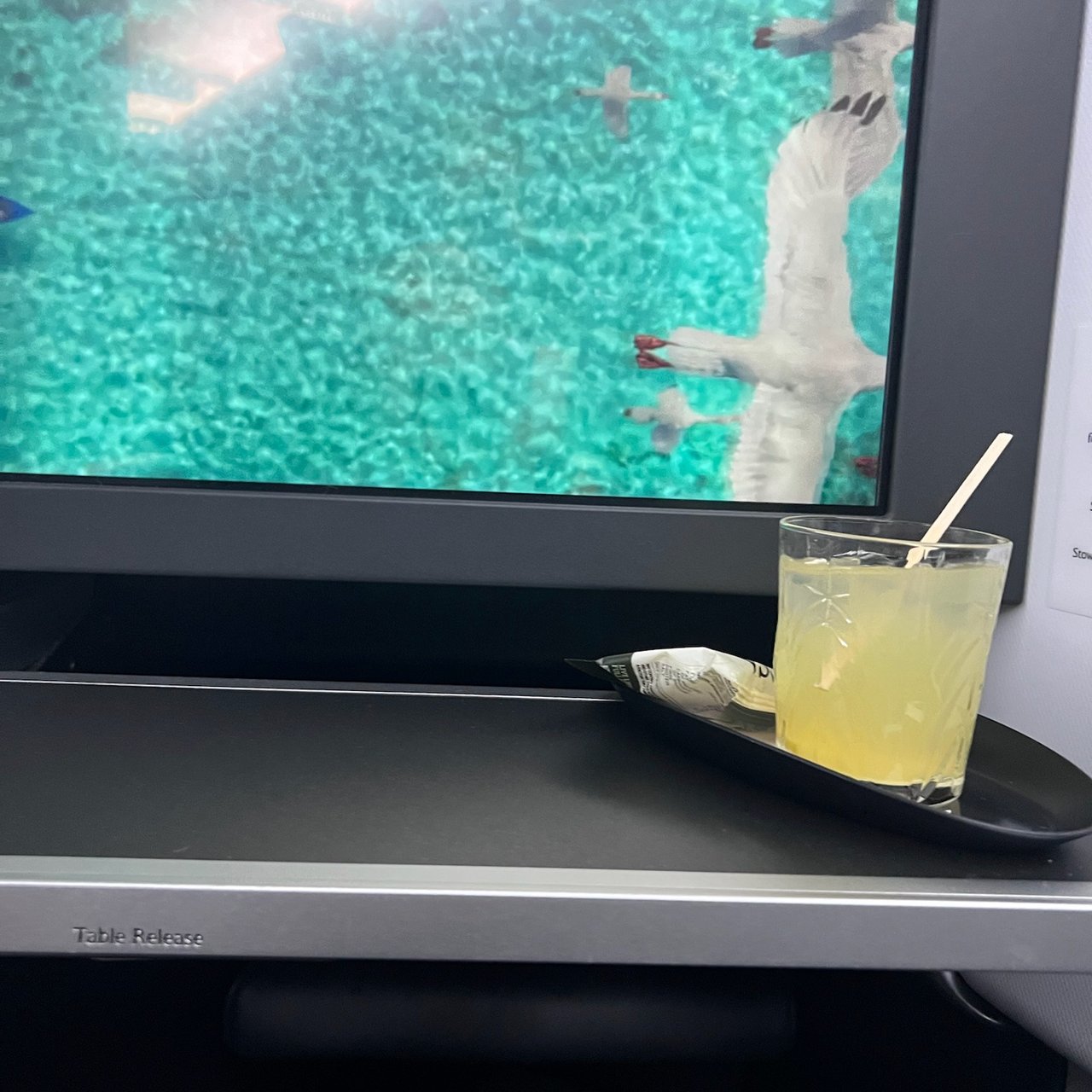 A drink in front of the seat-back screen.