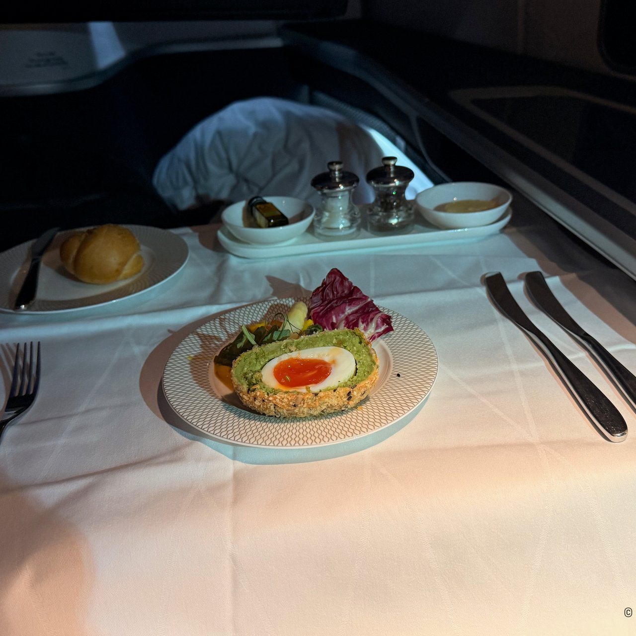 Seed-crusted pea and broad bean Scotch egg, piccalilli.