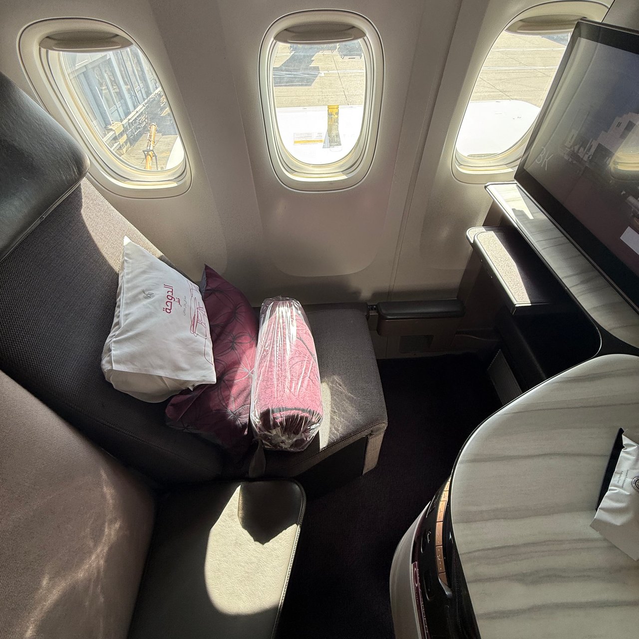 The Qsuite, a window suite in the 24-suite cabin.
