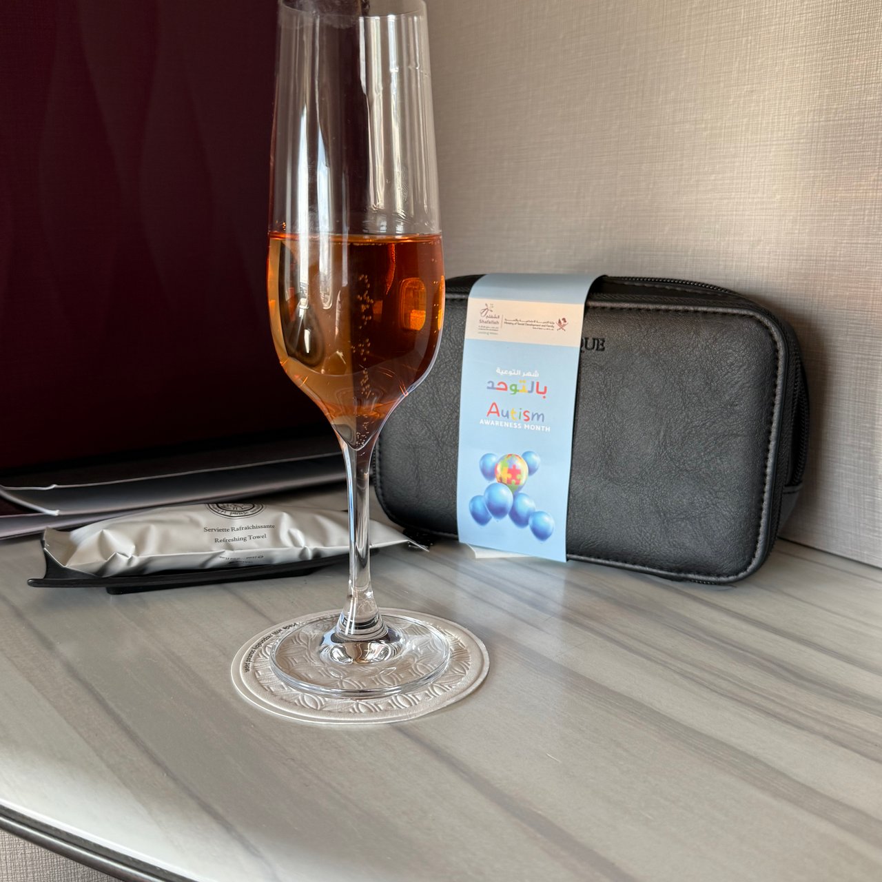 Rosé Champagne and the amenity kit waiting in the suite.