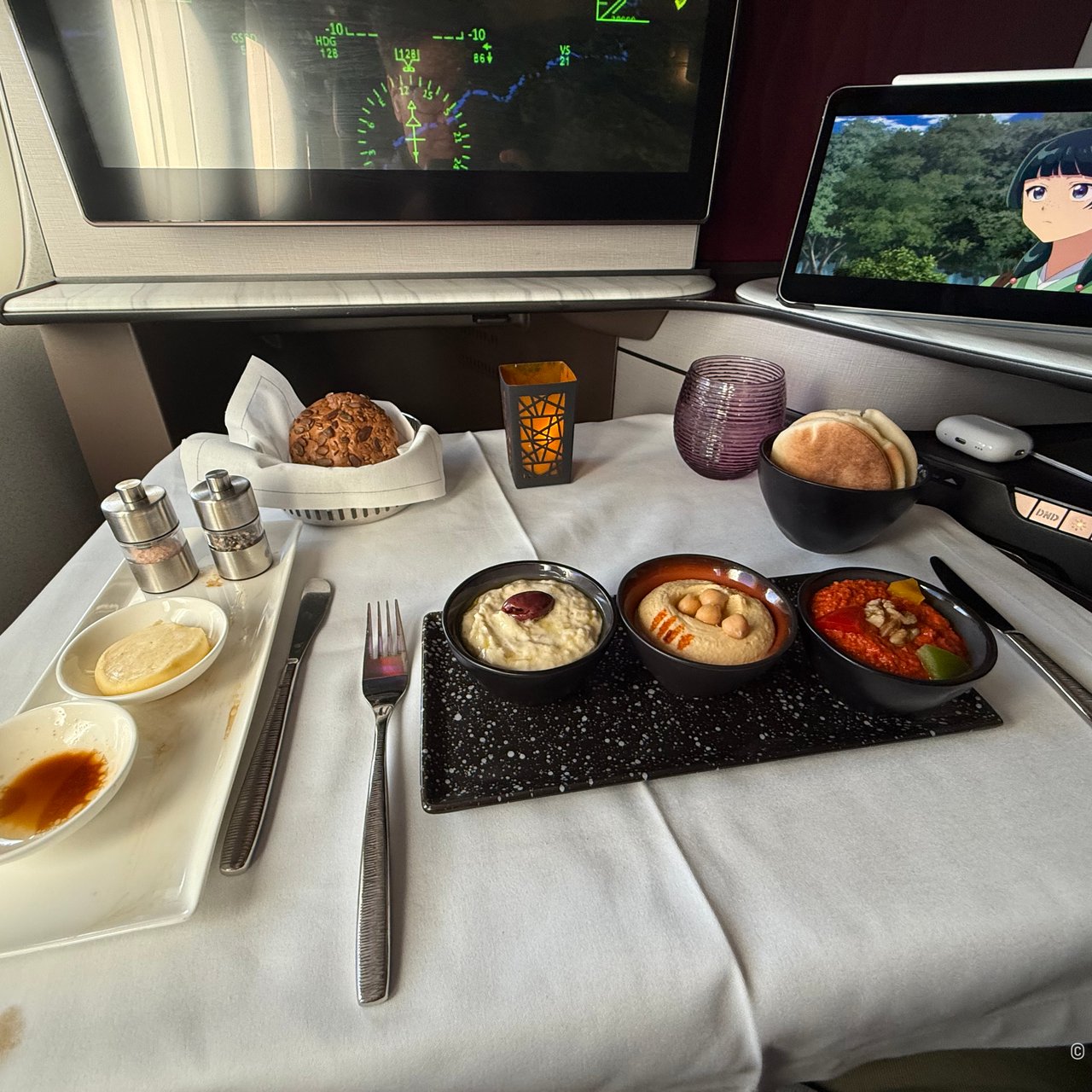 The mezze with the iPad propped up beside it.
