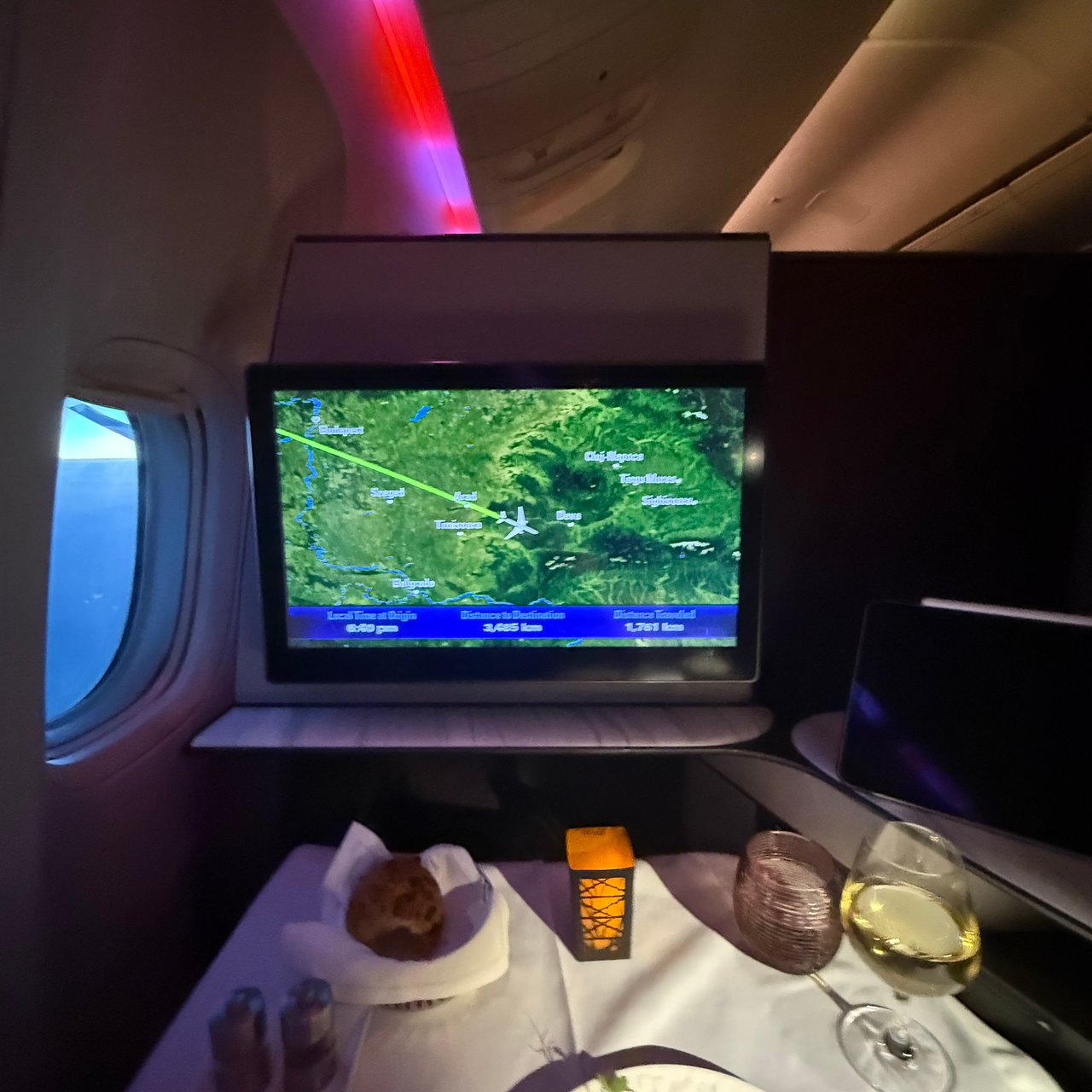 Dinner with the moving map behind it.