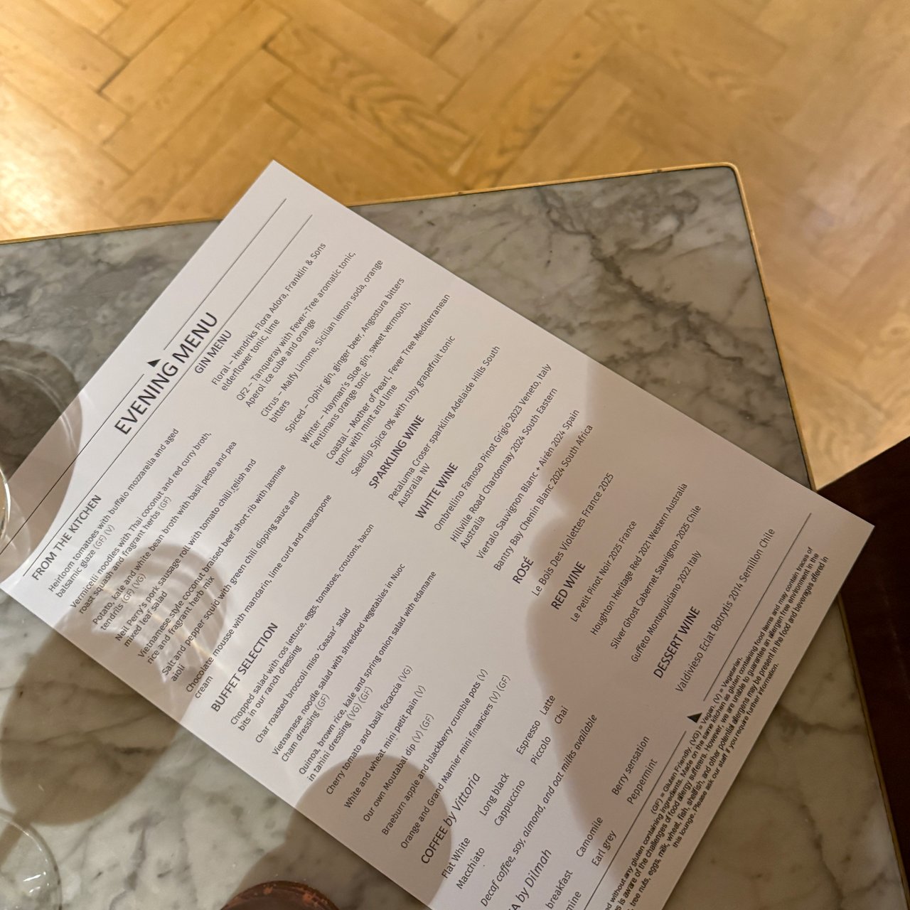 The lounge's evening menu.