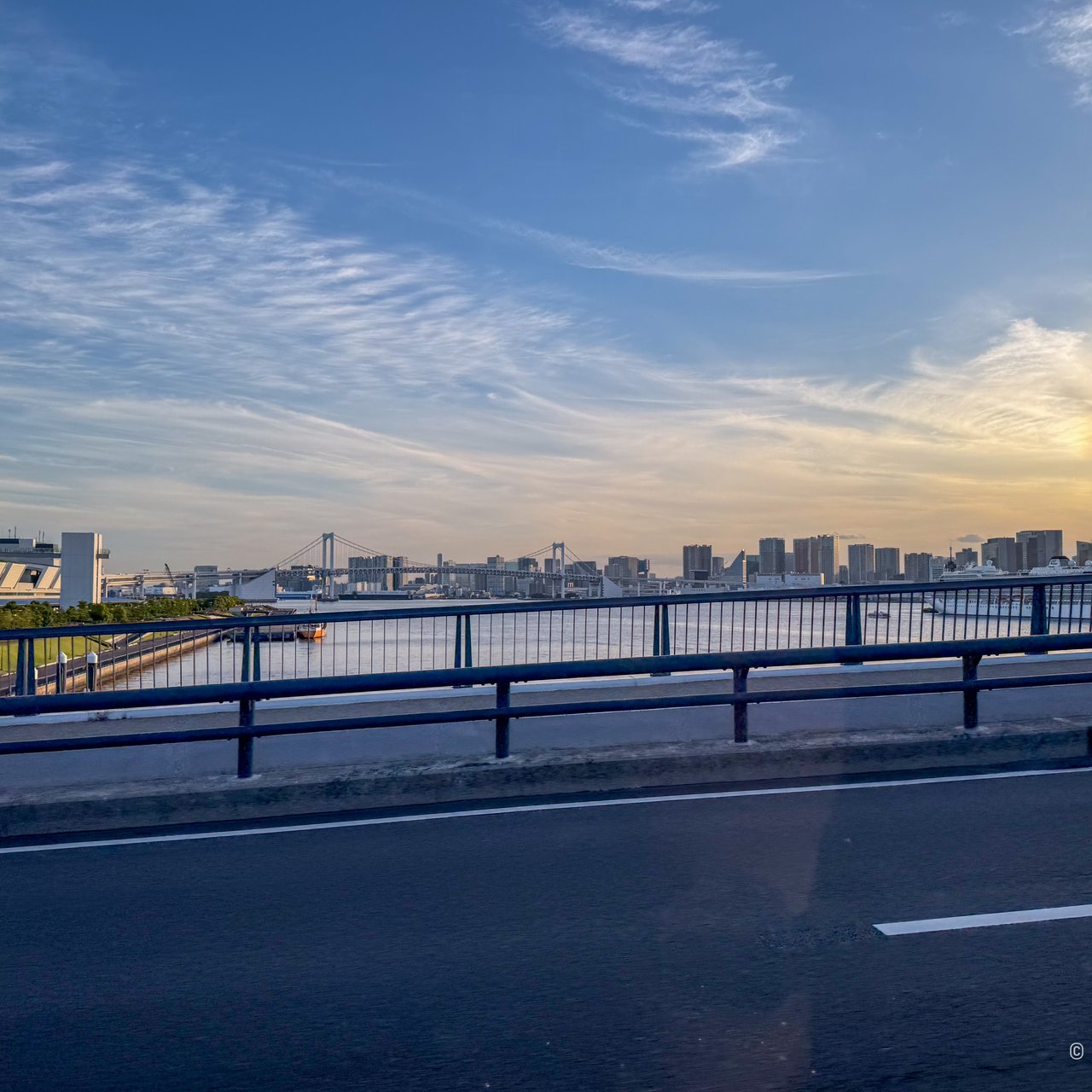 Tokyo Bay and the Rainbow Bridge from the taxi.